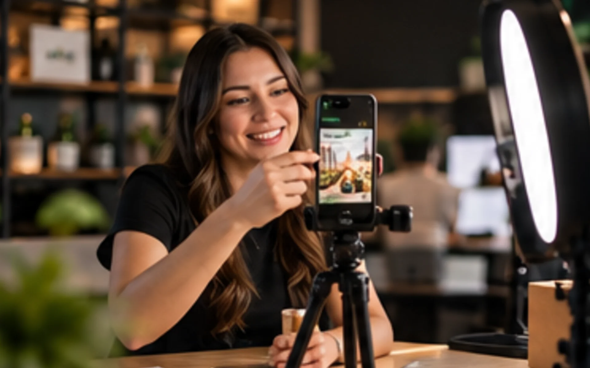 Creadora grabando contenido para redes sociales con celular y aro de luz