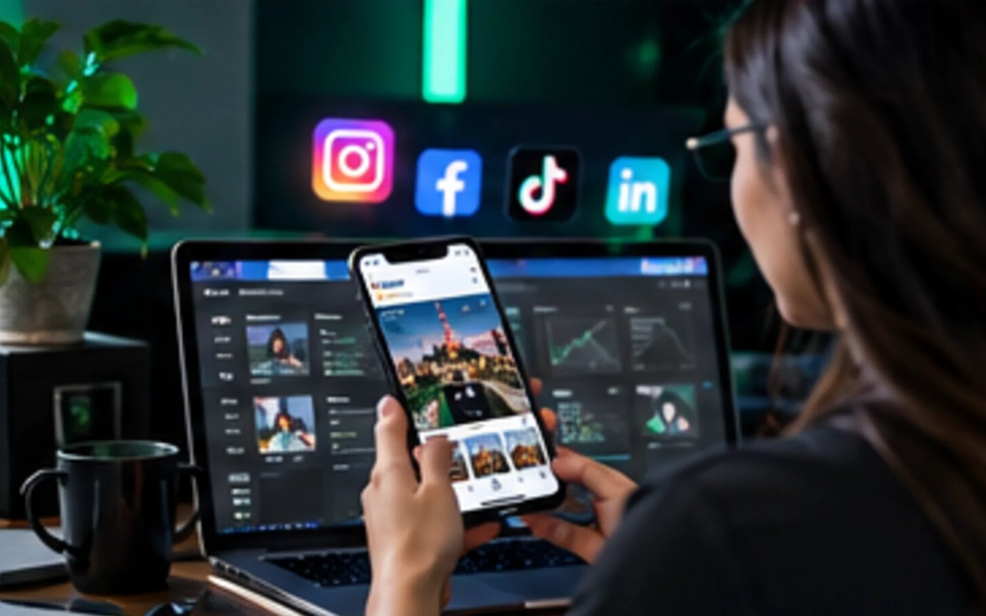 Persona gestionando redes sociales y campañas desde laptop y celular